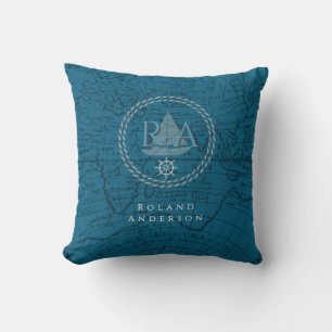 Blauw Touw Monogramkaart Nautisch Kussen