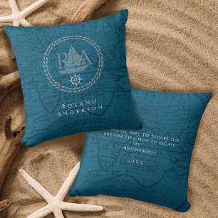 Blauw Touw Monogramkaart Nautisch Kussen