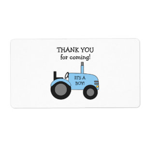 Blauw tractoretiket voor Baby shower Etiket