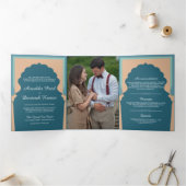  blauw Traditional Indian Arch Bruiloft Drieluik Uitnodiging (Binnen)