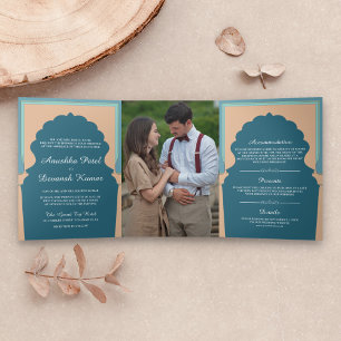  blauw Traditional Indian Arch Bruiloft Drieluik Uitnodiging