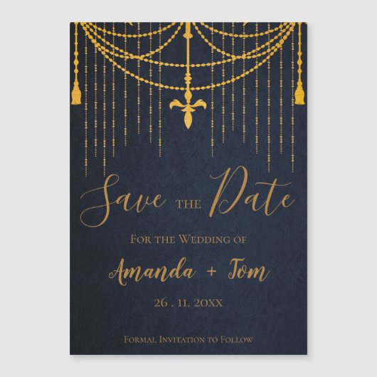  blauw traditioneel goudbruin huwelijk magnetische uitnodiging (Voorkant)