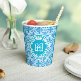 Blauw Trellis Print Moderne Witte Tekst Papieren Bekers