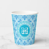 Blauw Trellis Print Moderne Witte Tekst Papieren Bekers (Achterkant)