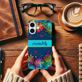 Blauw Trendy Floral Fun Inspirivity Naam iPhone 16 Hoesje