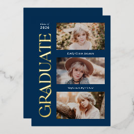 Blauw Trendy Serif Meerdere Foto Afstuderen Folie Uitnodiging