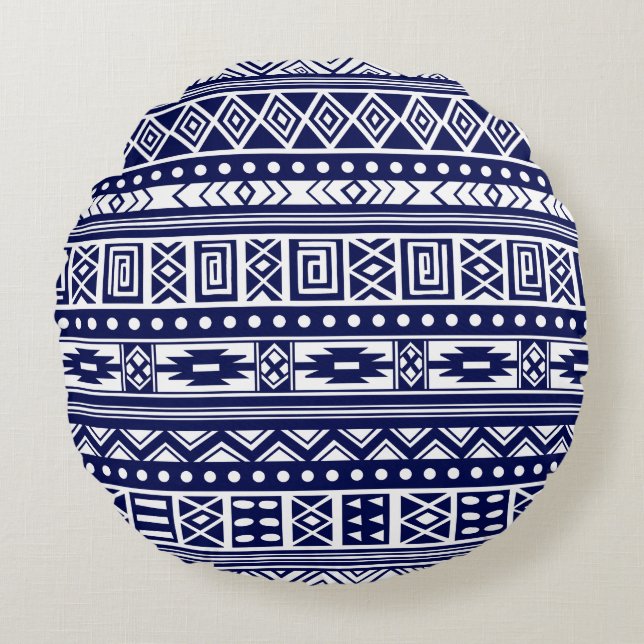 Blauw Tribal geometrisch patroon Rond Kussen (Voorkant)
