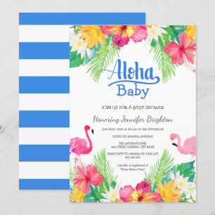 Blauw   Tropisch Baby shower van Flamingo Luau Kaart