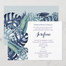 Blauw Tropisch Bladerdek Grens Quinceañera Kaart