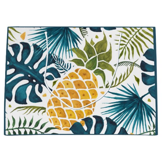 Blauw tropisch blauw blauw blauw blauw goudanaspal groot cadeauzakje (Voorkant)