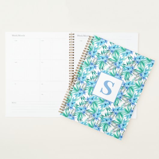 Blauw tropisch bloemmonogram planner (Display)