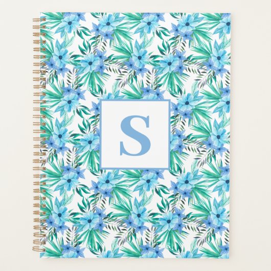 Blauw tropisch bloemmonogram planner (Voorkant)