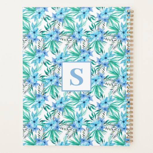 Blauw tropisch bloemmonogram planner (Achterkant)