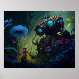 Blauw Tropisch Bos Bloemen Robot Poster