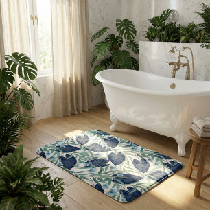 Blauw Tropisch Botanisch Bladpatroon – Elegant  Badmat