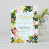 Blauw | Tropisch goud in Aloha Hawaii Folie Uitnodiging (Staand Voorkant)