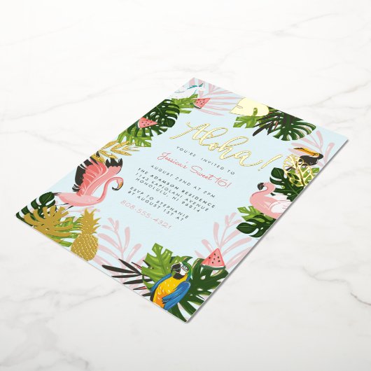 Blauw | Tropisch goud in Aloha Hawaii Folie Uitnodiging (Gedraaid)