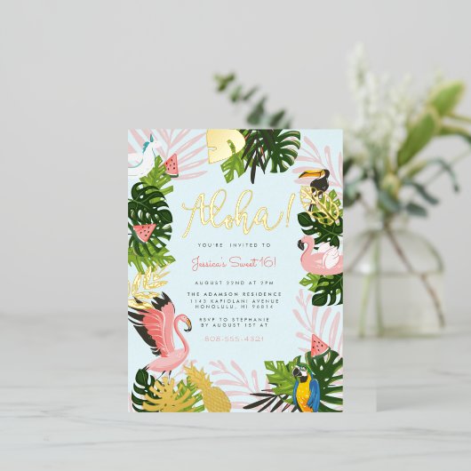 Blauw | Tropisch goud in Aloha Hawaii Folie Uitnodiging Briefkaart (Staand Voorkant)