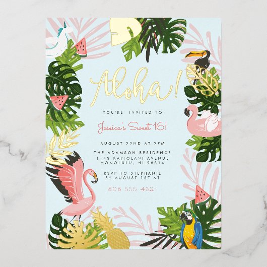Blauw | Tropisch goud in Aloha Hawaii Folie Uitnodiging Briefkaart (Voorkant)