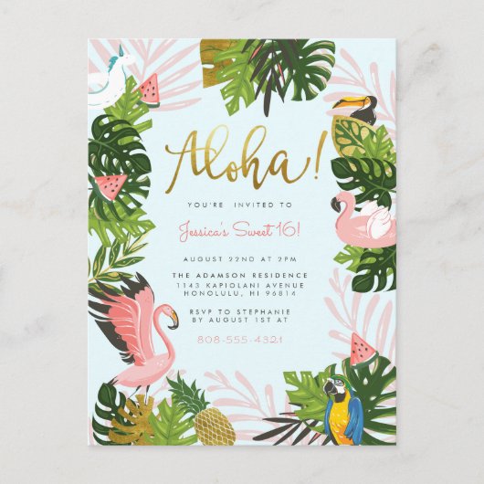 Blauw | Tropisch goud in Aloha Hawaii Uitnodiging Briefkaart (Voorkant)