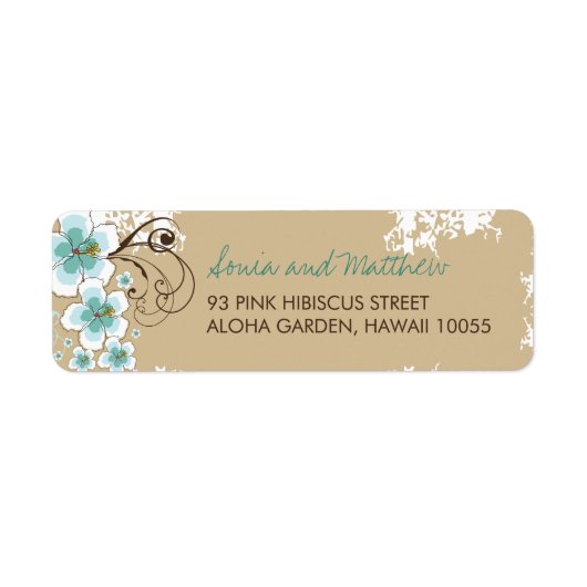 Blauw Tropisch Hibiscus Strand Trouwadres Etiket (Voorkant)