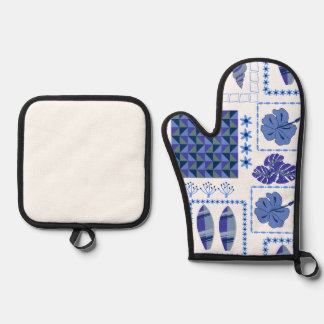 Blauw Tropisch Surfplank Hibiscus Patroon Ovenwant & Pannenlap Set