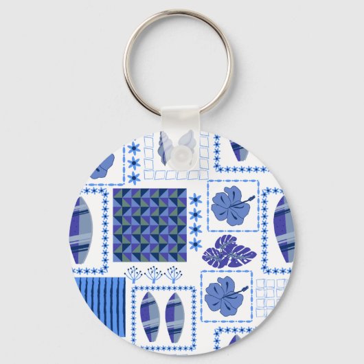Blauw Tropisch Surfplank Hibiscus Patroon Sleutelhanger (Voorkant)