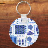 Blauw Tropisch Surfplank Hibiscus Patroon Sleutelhanger (Voorkant)