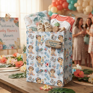 Blauw Tropische Aloha Baby Shower Nieuwgeborene Medium Cadeauzakje