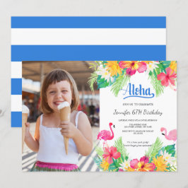 Blauw | Tropische Flamingo Luau Foto van Birthday Kaart