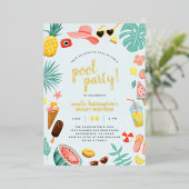 Blauw | Tropische pool Watermeloen ananas Folie Uitnodiging (Staand Voorkant)