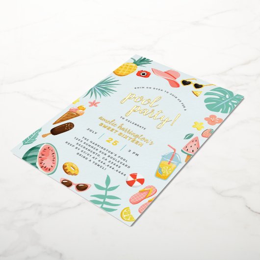 Blauw | Tropische pool Watermeloen ananas Folie Uitnodiging (Gedraaid)