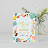 Blauw | Tropische pool Watermeloen ananas Folie Uitnodiging Briefkaart (Staand Voorkant)