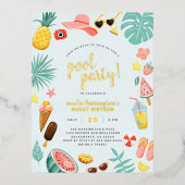 Blauw | Tropische pool Watermeloen ananas Folie Uitnodiging Briefkaart (Voorkant)