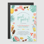 Blauw | Tropische pool Watermeloen ananas Magnetische Uitnodiging (Voorkant / Achterkant)