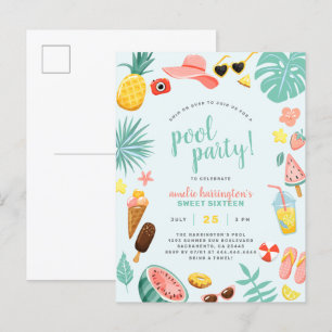Blauw   Tropische pool Watermeloen ananas Uitnodiging Briefkaart