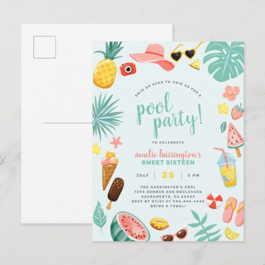 Blauw | Tropische pool Watermeloen ananas Uitnodiging Briefkaart (Voorkant / Achterkant)