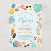 Blauw | Tropische pool Watermeloen ananas Uitnodiging Briefkaart (Voorkant)