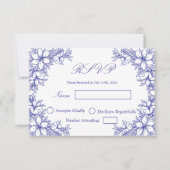 Blauw trouw-RSVP met sierlijke bloemgrafieken RSVP Kaartje (Voorkant)