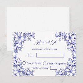 Blauw trouw-RSVP met sierlijke bloemgrafieken RSVP Kaartje