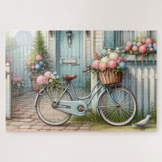 Blauw Tuinhuis Fiets met Lente Bloemenmand Legpuzzel (Horizontaal)