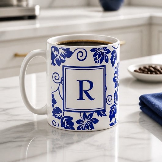 Blauw Tuinpatroon Monogram Koffiemok
