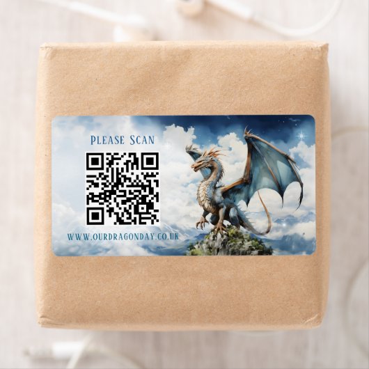 Blauw Turkoois Keltische Draak QR Code Trouwinform Etiket (Insitu)