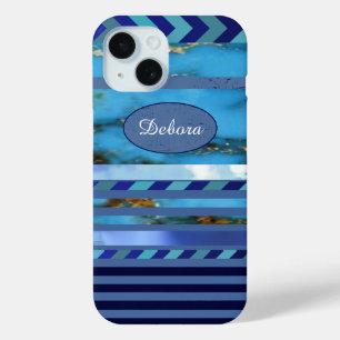 blauw turkooispatroon van strepen & naam iPhone 15 case