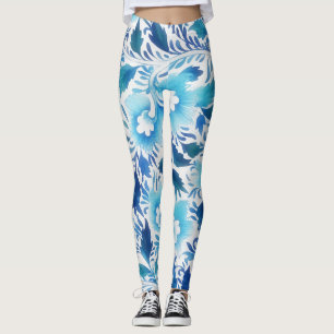 Blauw Turquoise Aqua Floral  stijl Kunst Leggings