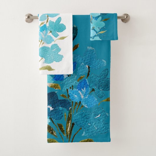 Blauw Turquoise Bloemen Waterverf Handbeschilderd Bad Handdoek (Insitu)