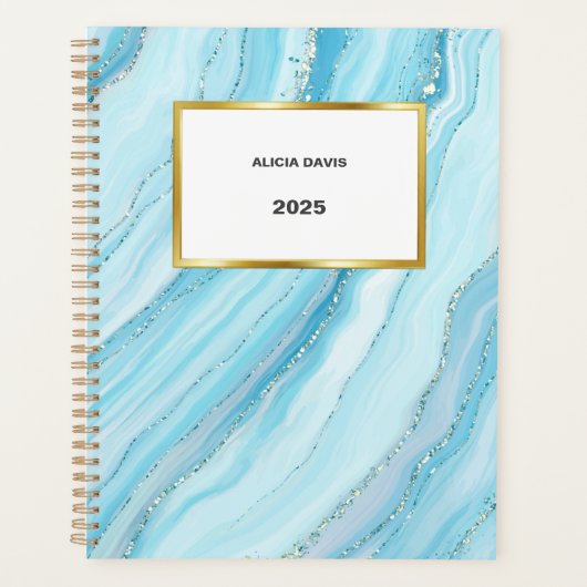Blauw turquoise en goud marmer | Je naam Planner (Voorkant)