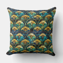 Blauw, turquoise en gouden pauw glas-in-lood kussen
