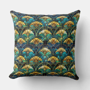 Blauw, turquoise en gouden pauw glas-in-lood kussen