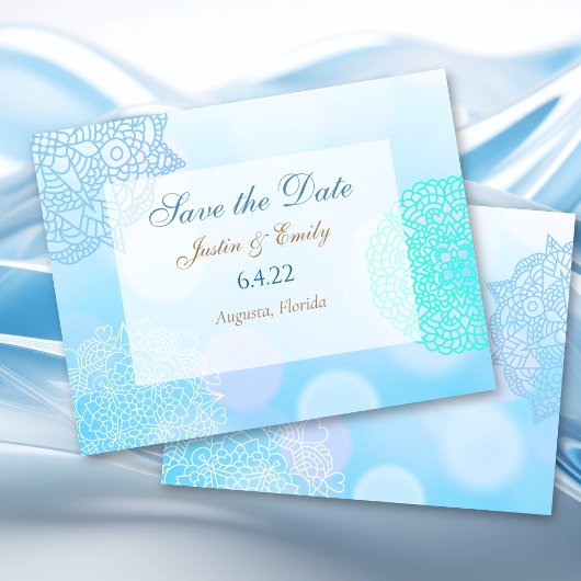 Blauw, Turquoise en Wit Mandala Save the Date Huwe Kaart